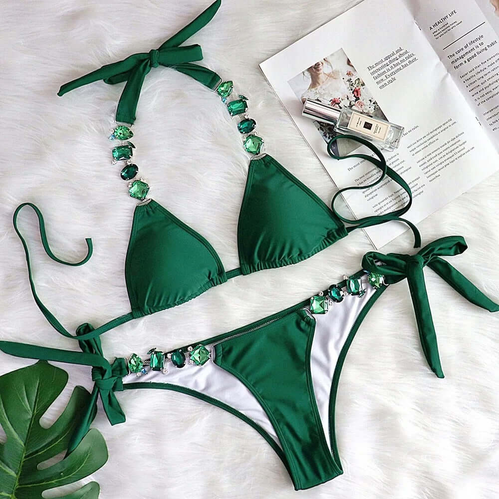 Işıltılı Kırmızı Taş Detaylı Bikini Takımı