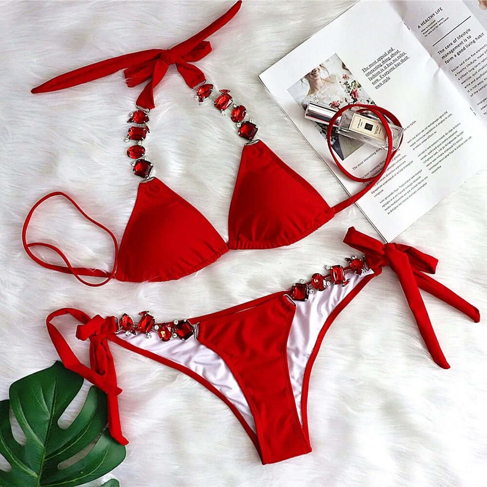 Işıltılı Kırmızı Taş Detaylı Bikini Takımı