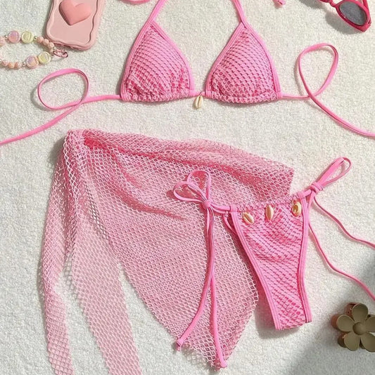 Kabuk Detaylı Pembe File Bikini ve Pareo Seti