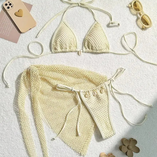 Kabuk Detaylı Fil Dişi File Bikini ve Pareo Seti