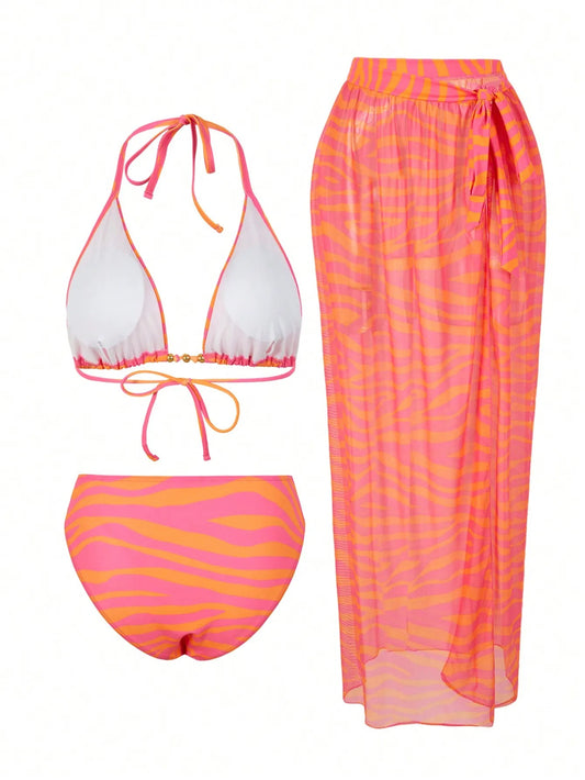 Neon Zebra Desenli 3 Parça Bikini ve Pareo Seti