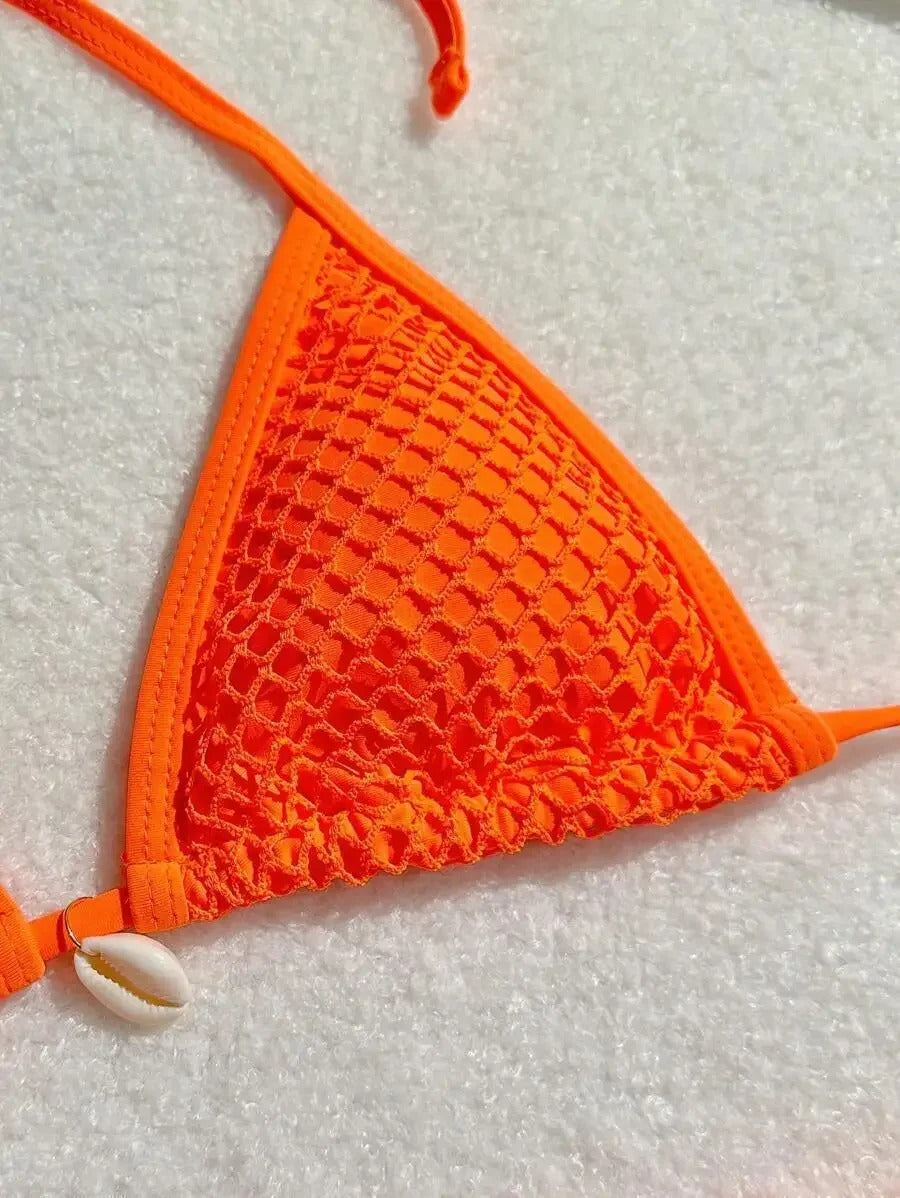 Kabuk Detaylı Turuncu File Bikini ve Pareo Seti