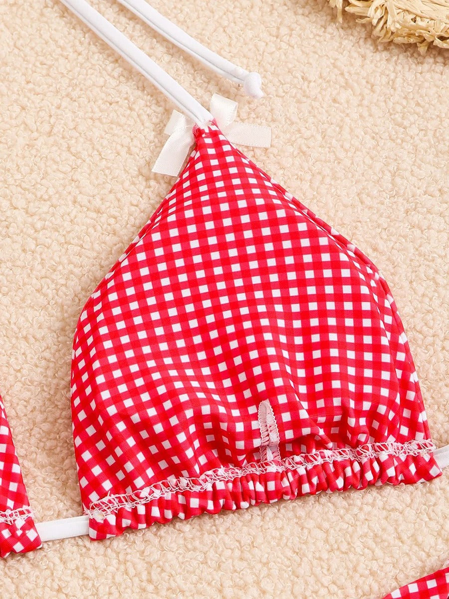 Kırmızı Puantiyeli Fiyonk Detaylı Üçgen Bikini Takımı