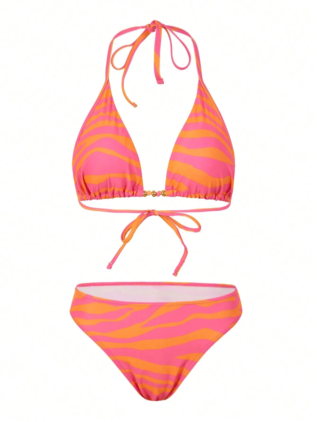 Neon Zebra Desenli 3 Parça Bikini ve Pareo Seti