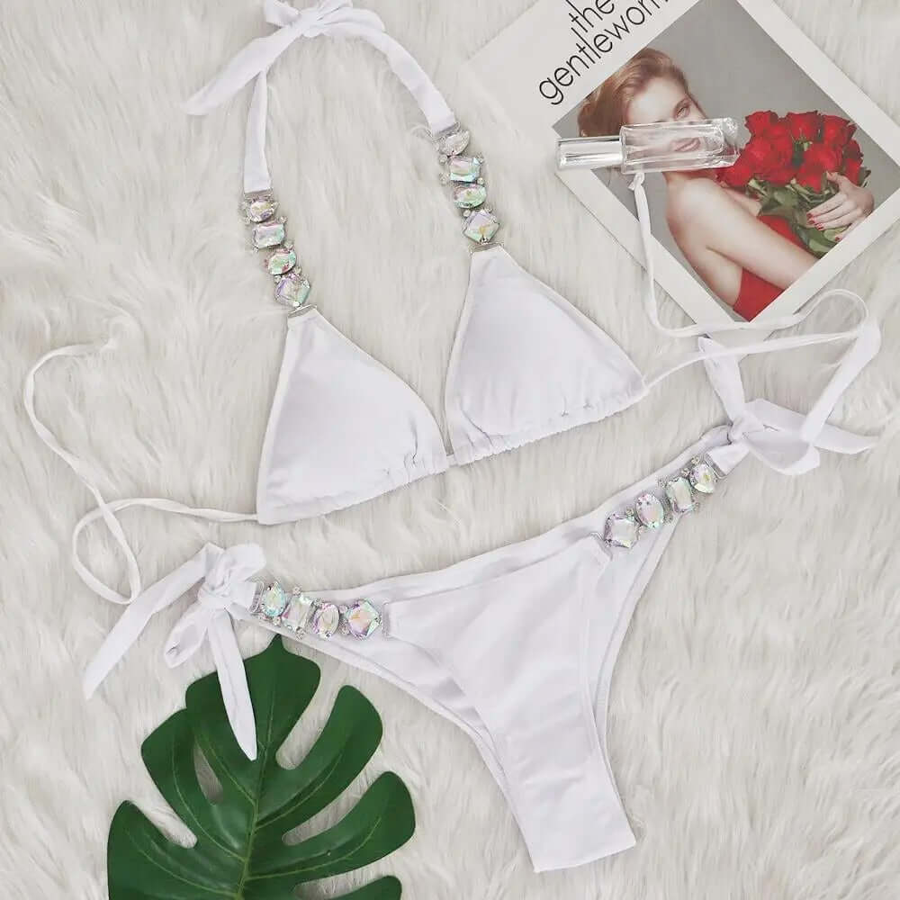 Işıltılı Kırmızı Taş Detaylı Bikini Takımı