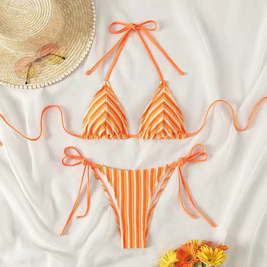 Turuncu Şeritli Bağcıklı Üçgen Bikini Takımı