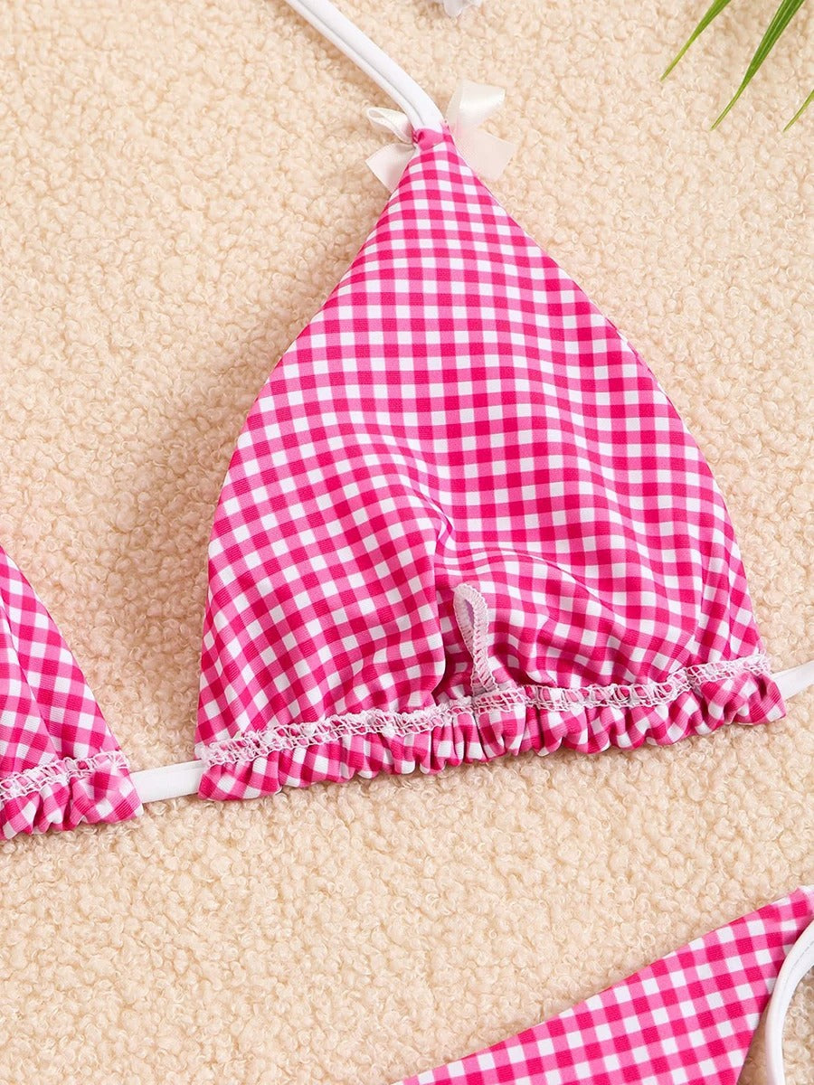 Pembe Puantiyeli Fiyonk Detaylı Üçgen Bikini Takımı