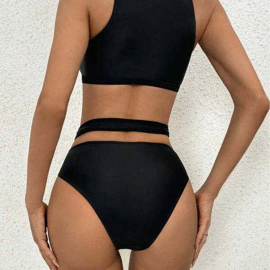 Siyah File Detaylı Çapraz Bağcıklı Yüksek Bel Bikini Takımı