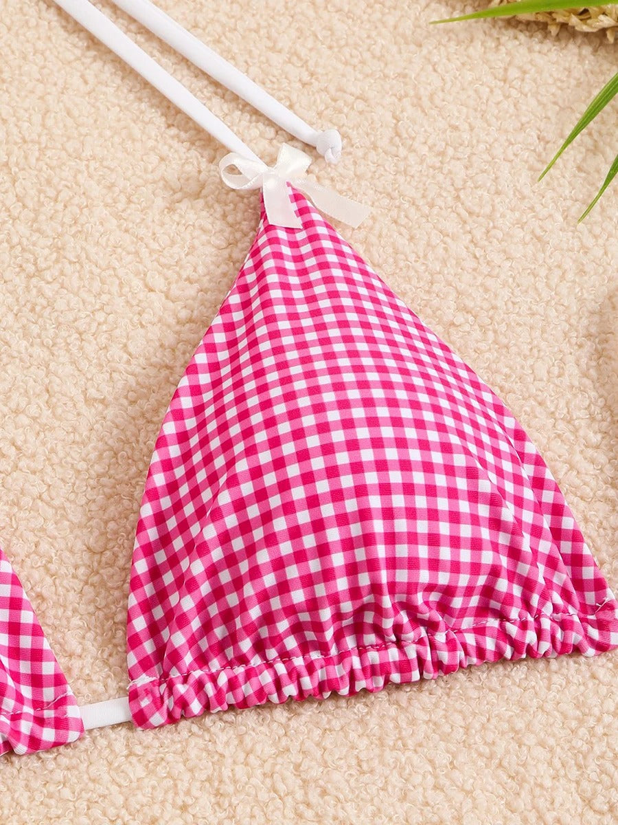 Pembe Puantiyeli Fiyonk Detaylı Üçgen Bikini Takımı