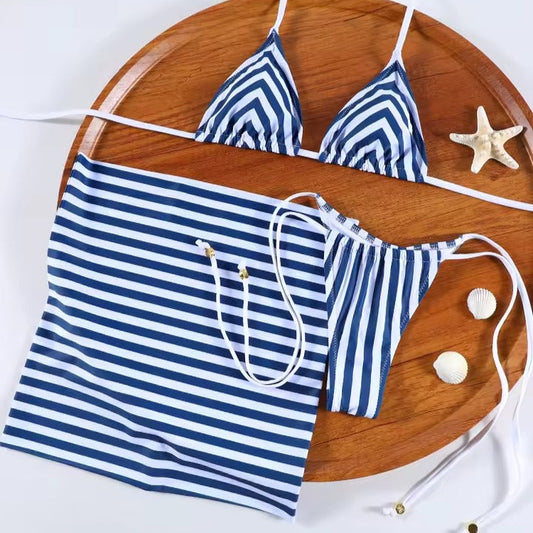 Çizgili Üçgen Brazillian Etekli Bikini Set