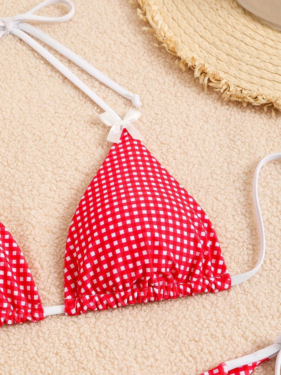 Kırmızı Puantiyeli Fiyonk Detaylı Üçgen Bikini Takımı