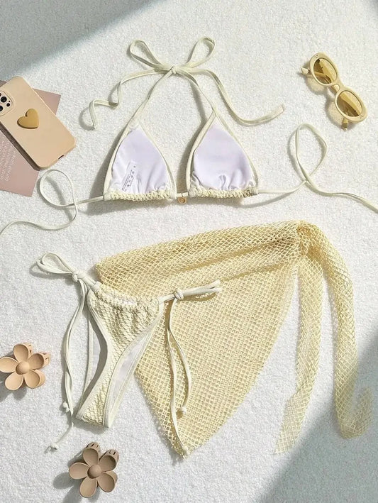 Kabuk Detaylı Fil Dişi File Bikini ve Pareo Seti