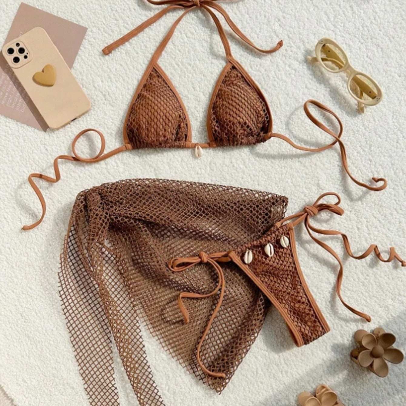 Kabuk Detaylı Kahverengi File Bikini ve Pareo Seti