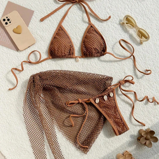 Kabuk Detaylı Kahverengi File Bikini ve Pareo Seti