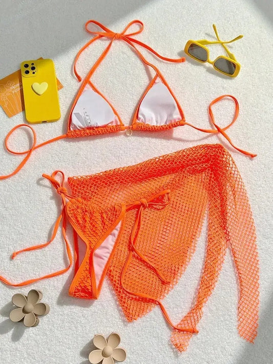 Kabuk Detaylı Turuncu File Bikini ve Pareo Seti