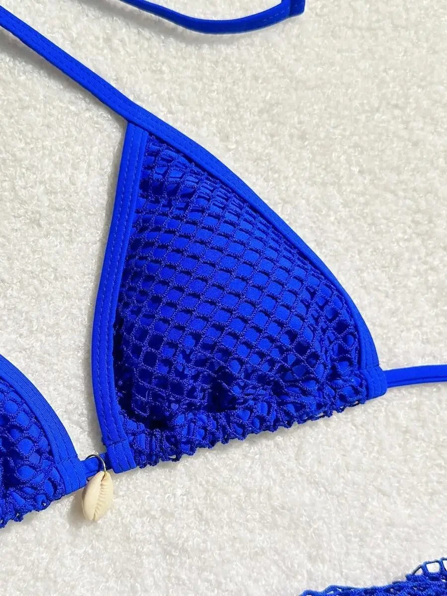 Kabuk Detaylı Mavi File Bikini ve Pareo Seti