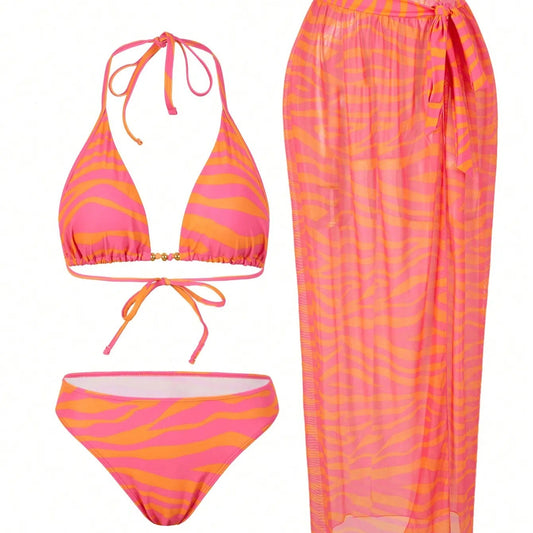 Neon Zebra Desenli 3 Parça Bikini ve Pareo Seti