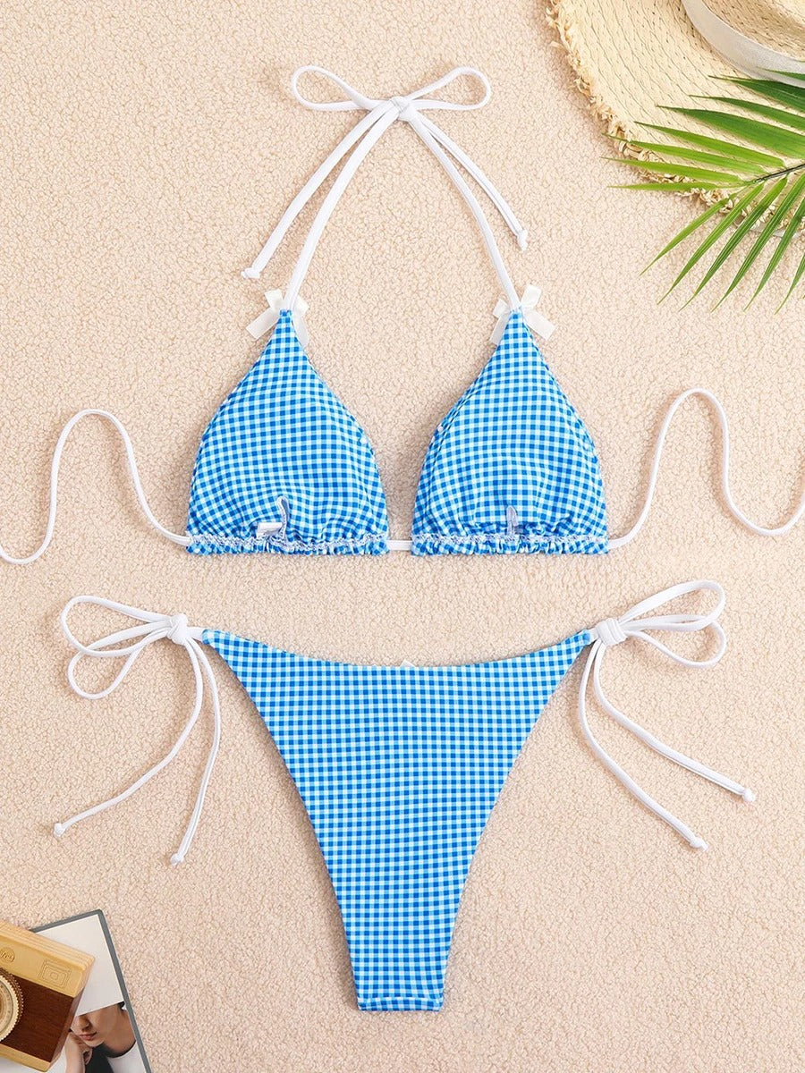 Mavi Puantiyeli Fiyonk Detaylı Üçgen Bikini Takımı