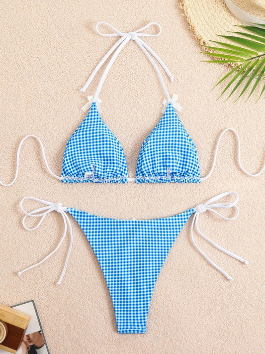 Mavi Puantiyeli Fiyonk Detaylı Üçgen Bikini Takımı