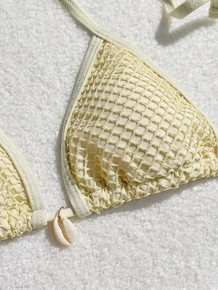Kabuk Detaylı Fil Dişi File Bikini ve Pareo Seti