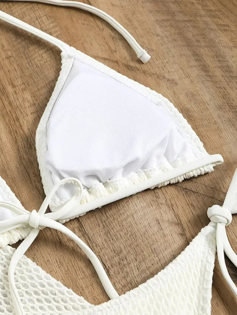 Beyaz File Örgü 3 Parça Bikini ve Plaj Seti