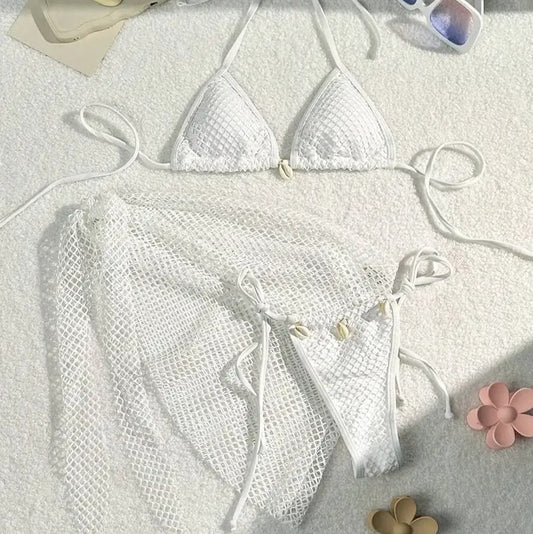 Kabuk Detaylı Beyaz File Bikini ve Pareo Seti