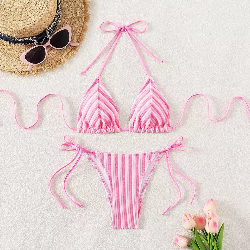 Pembe Şeritli Bağcıklı Üçgen Bikini Takımı