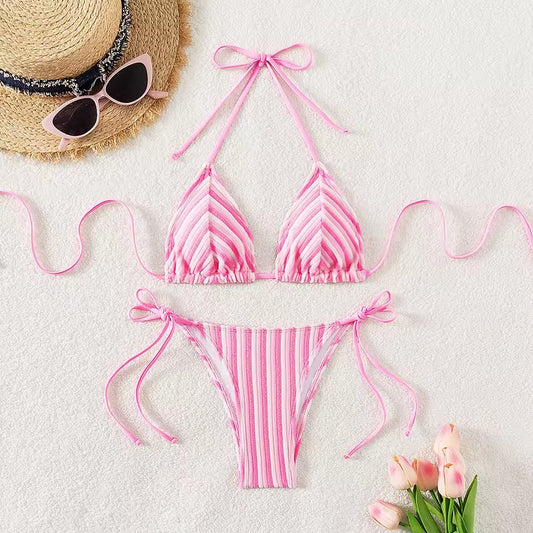 Pembe Şeritli Bağcıklı Üçgen Bikini Takımı