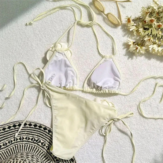 Bej Bağcıklı Bikini Takımı