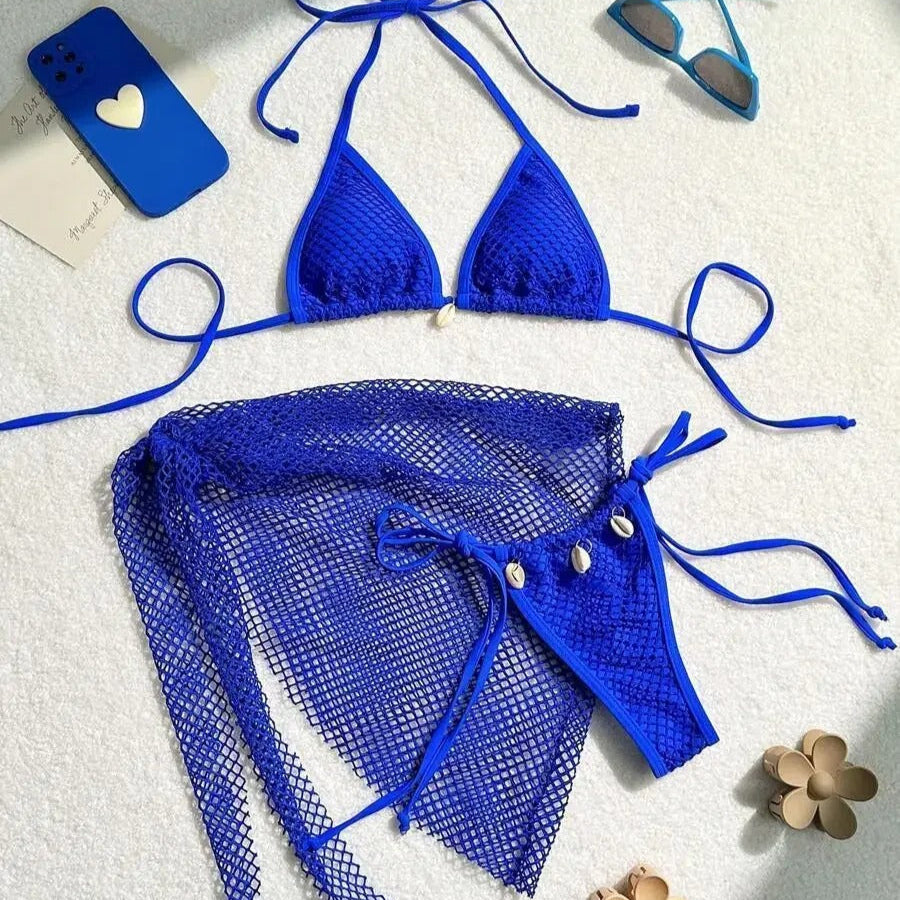 Kabuk Detaylı Mavi File Bikini ve Pareo Seti