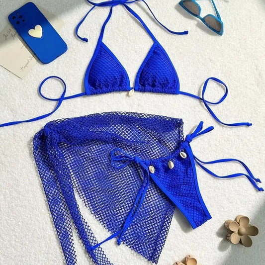 Kabuk Detaylı Mavi File Bikini ve Pareo Seti