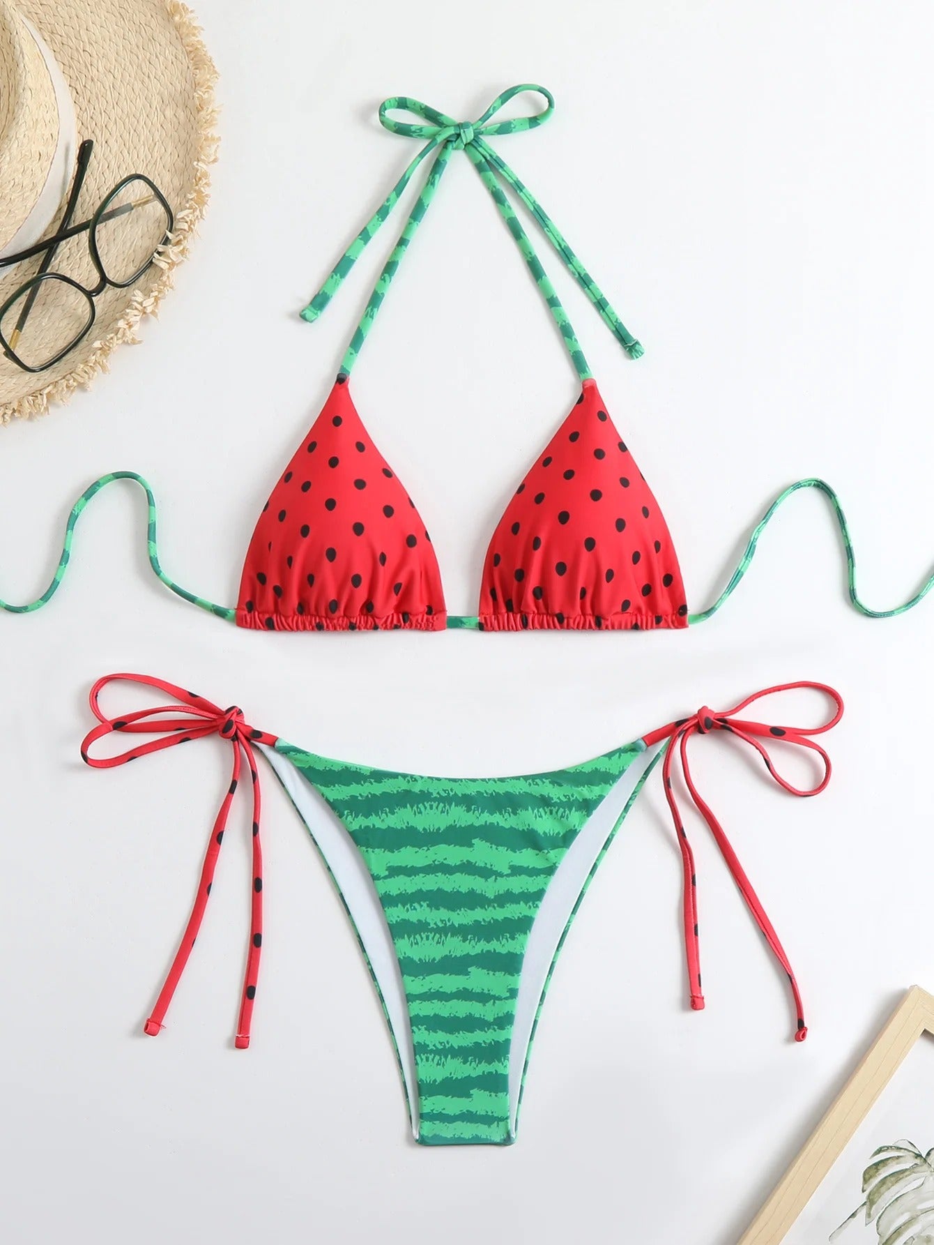 Karpuz Desenli Bağcıklı Üçgen Bikini Takımı
