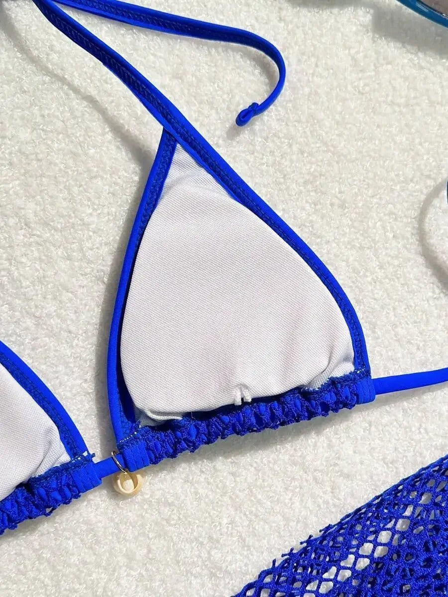 Kabuk Detaylı Mavi File Bikini ve Pareo Seti