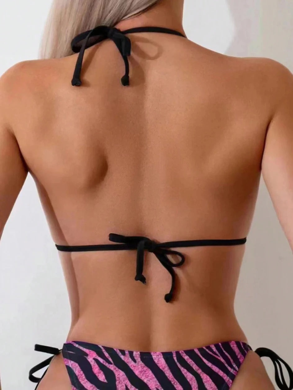 Parıltılı Zebra Desenli Bağcıklı Bikini Takımı