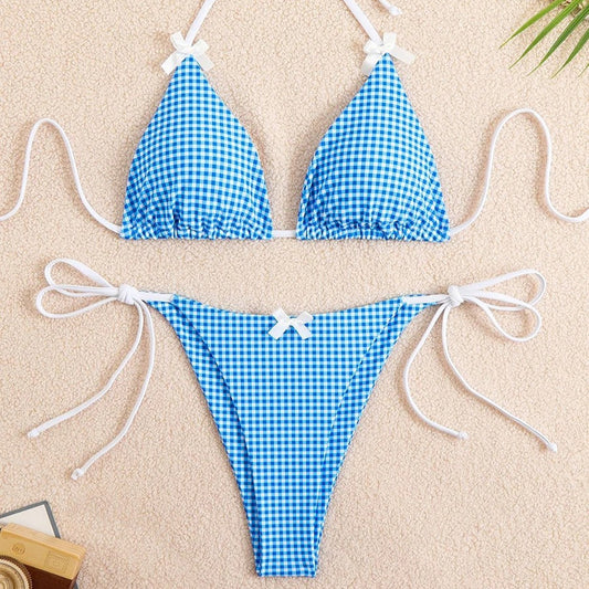 Mavi Puantiyeli Fiyonk Detaylı Üçgen Bikini Takımı