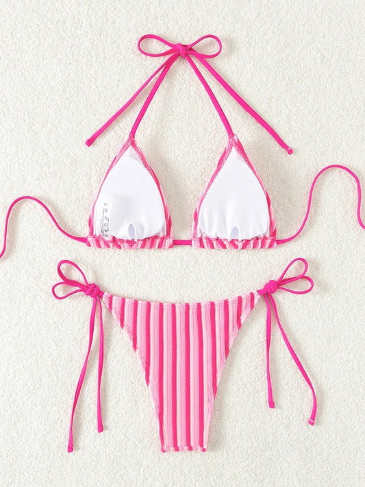 Pembe Şeritli Bağcıklı Üçgen Bikini Takımı