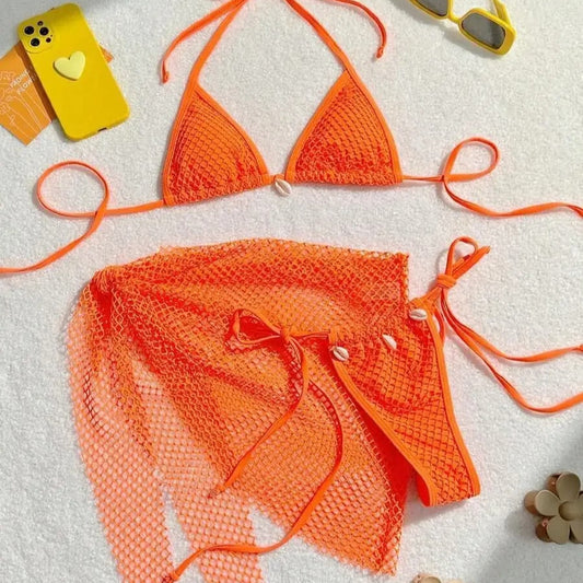 Kabuk Detaylı Turuncu File Bikini ve Pareo Seti