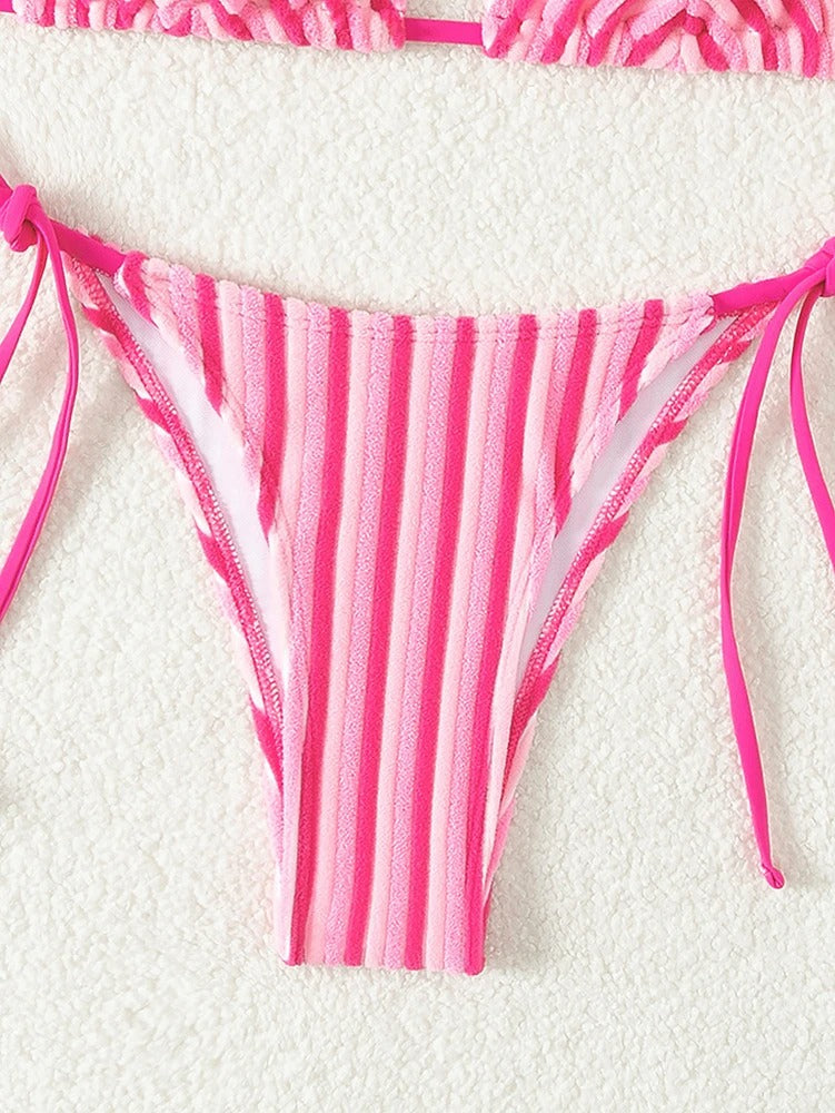 Pembe Şeritli Bağcıklı Üçgen Bikini Takımı