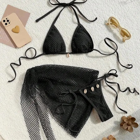 Kabuk Detaylı Siyah File Bikini ve Pareo Seti