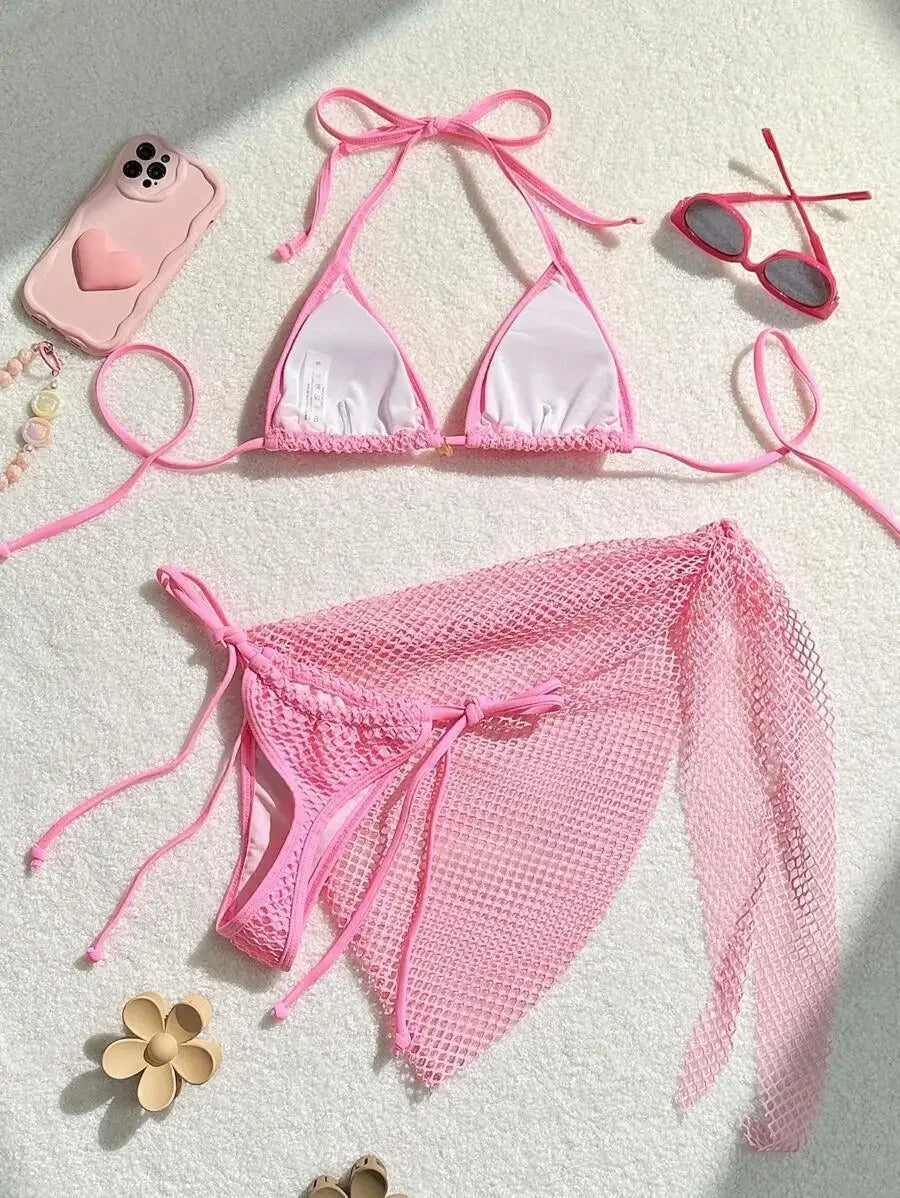 Kabuk Detaylı Pembe File Bikini ve Pareo Seti