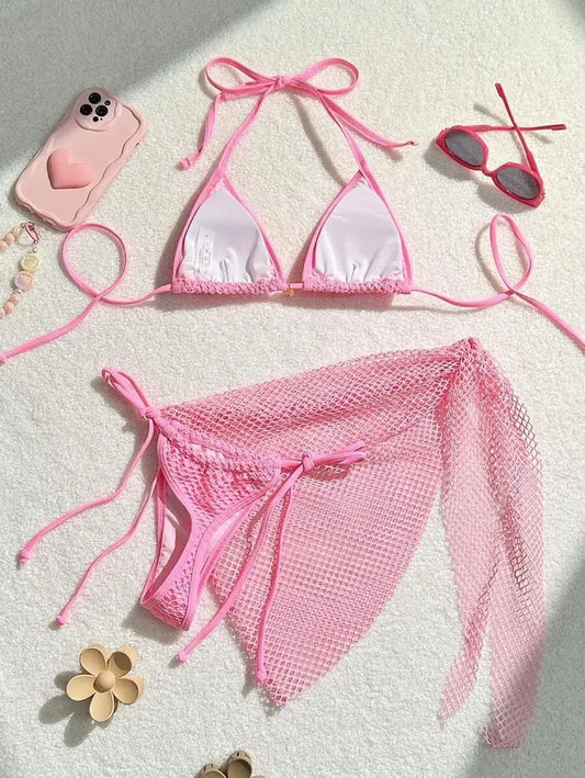 Kabuk Detaylı Pembe File Bikini ve Pareo Seti