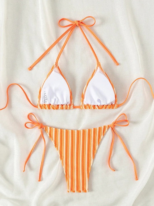 Turuncu Şeritli Bağcıklı Üçgen Bikini Takımı