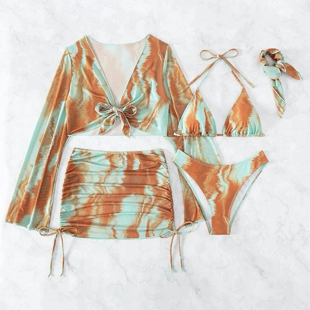 Yüksek Bel Yazlık Drapeli Bikini & Pareo Takımı