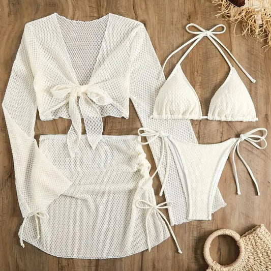 Beyaz File Örgü 3 Parça Bikini ve Plaj Seti