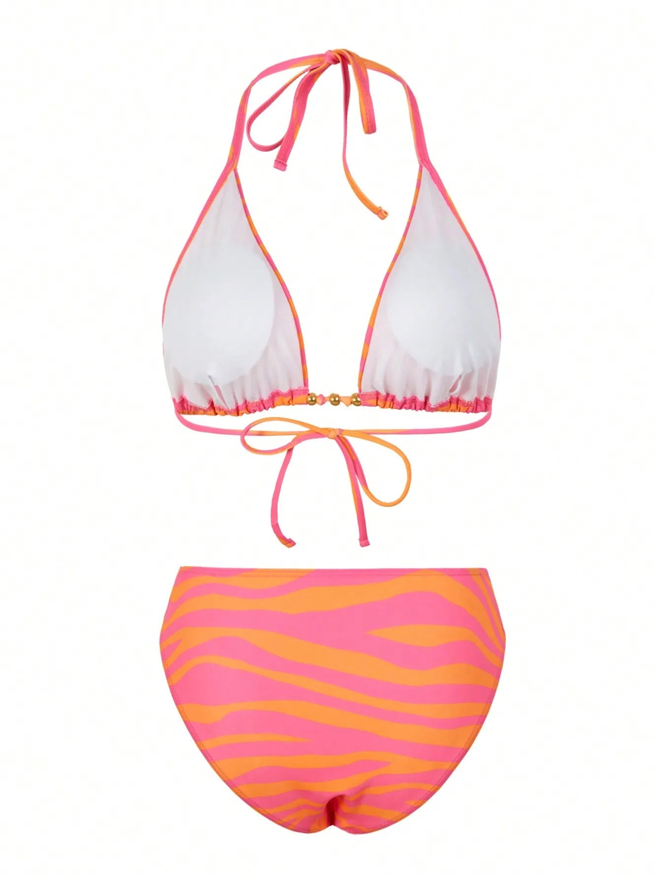 Neon Zebra Desenli 3 Parça Bikini ve Pareo Seti