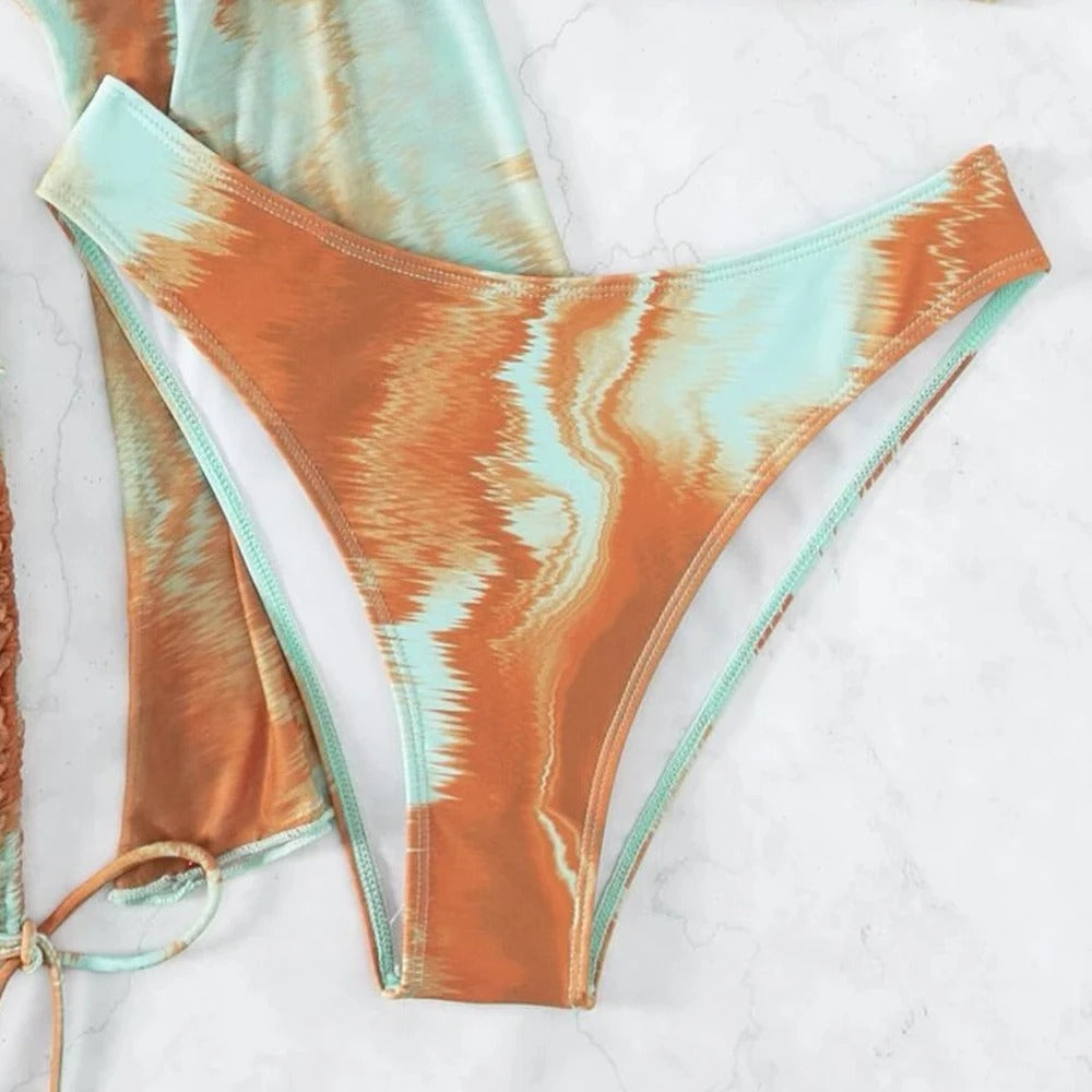 Yüksek Bel Yazlık Drapeli Bikini & Pareo Takımı