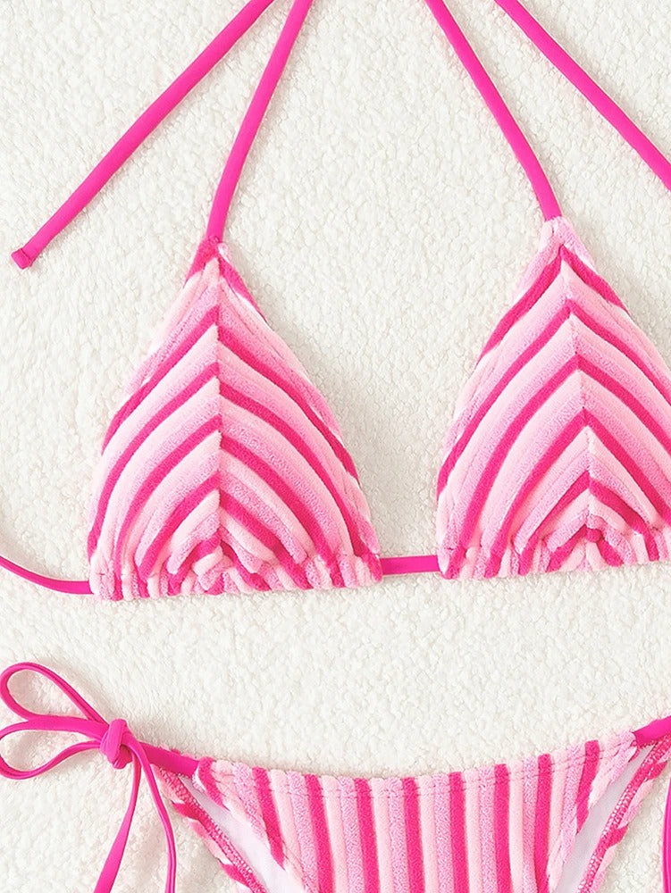 Pembe Şeritli Bağcıklı Üçgen Bikini Takımı