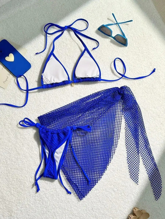 Kabuk Detaylı Mavi File Bikini ve Pareo Seti