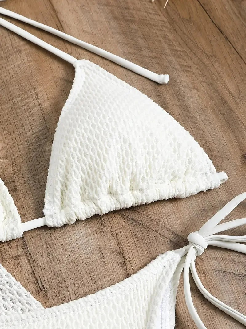 Beyaz File Örgü 3 Parça Bikini ve Plaj Seti