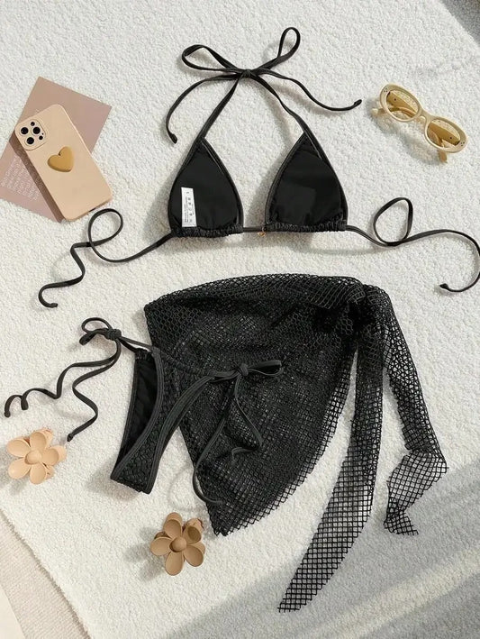 Kabuk Detaylı Siyah File Bikini ve Pareo Seti